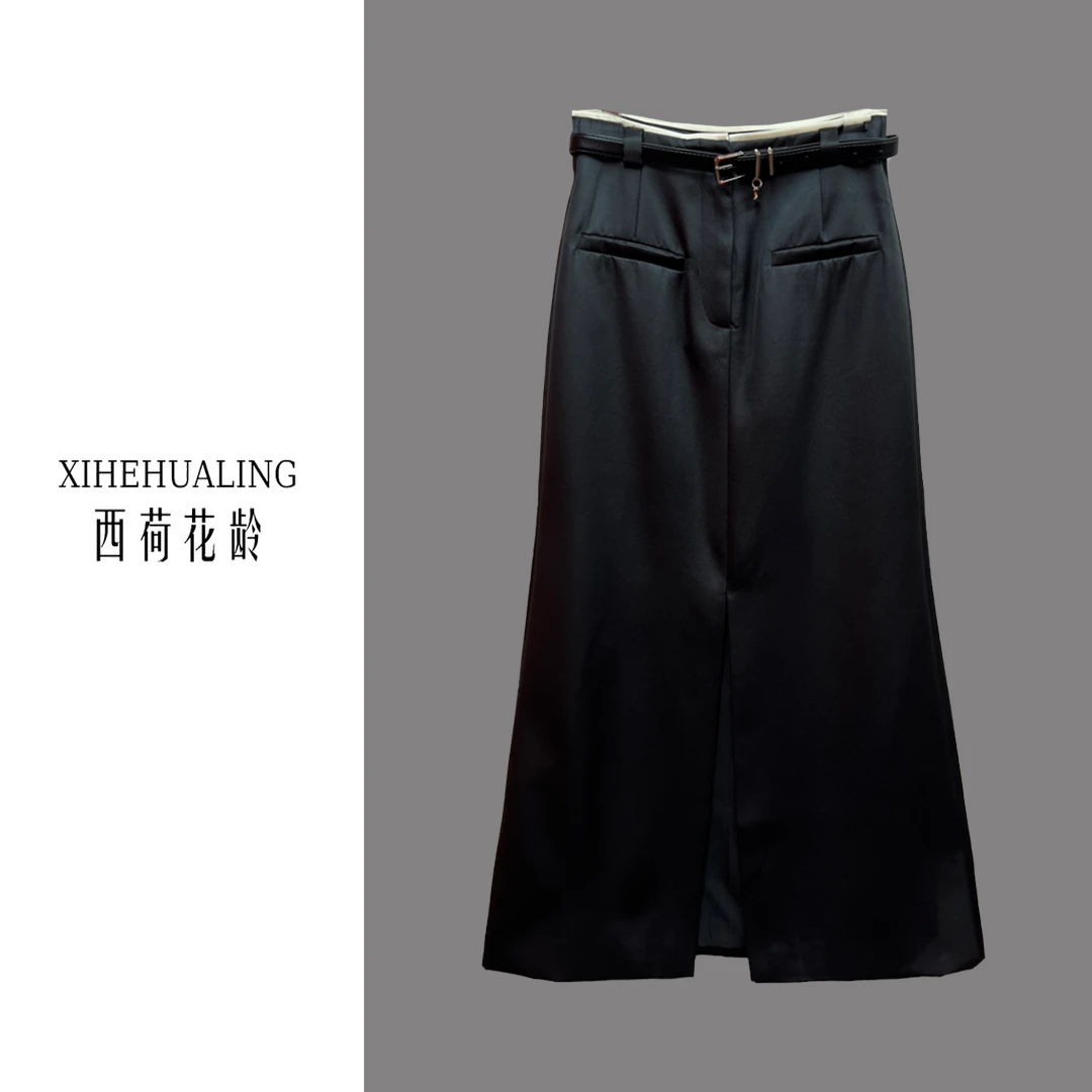 【西荷花龄严选】高级黑缎面前开叉上班通勤中高腰显瘦半身裙8916