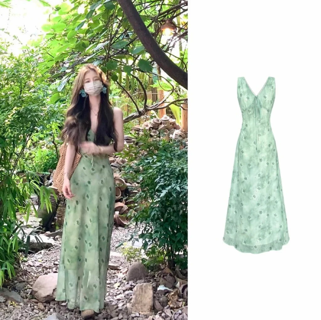 （绿幽青菱）法式优雅V领系带碎花高腰修身吊带连衣裙+开衫LYQ6142#