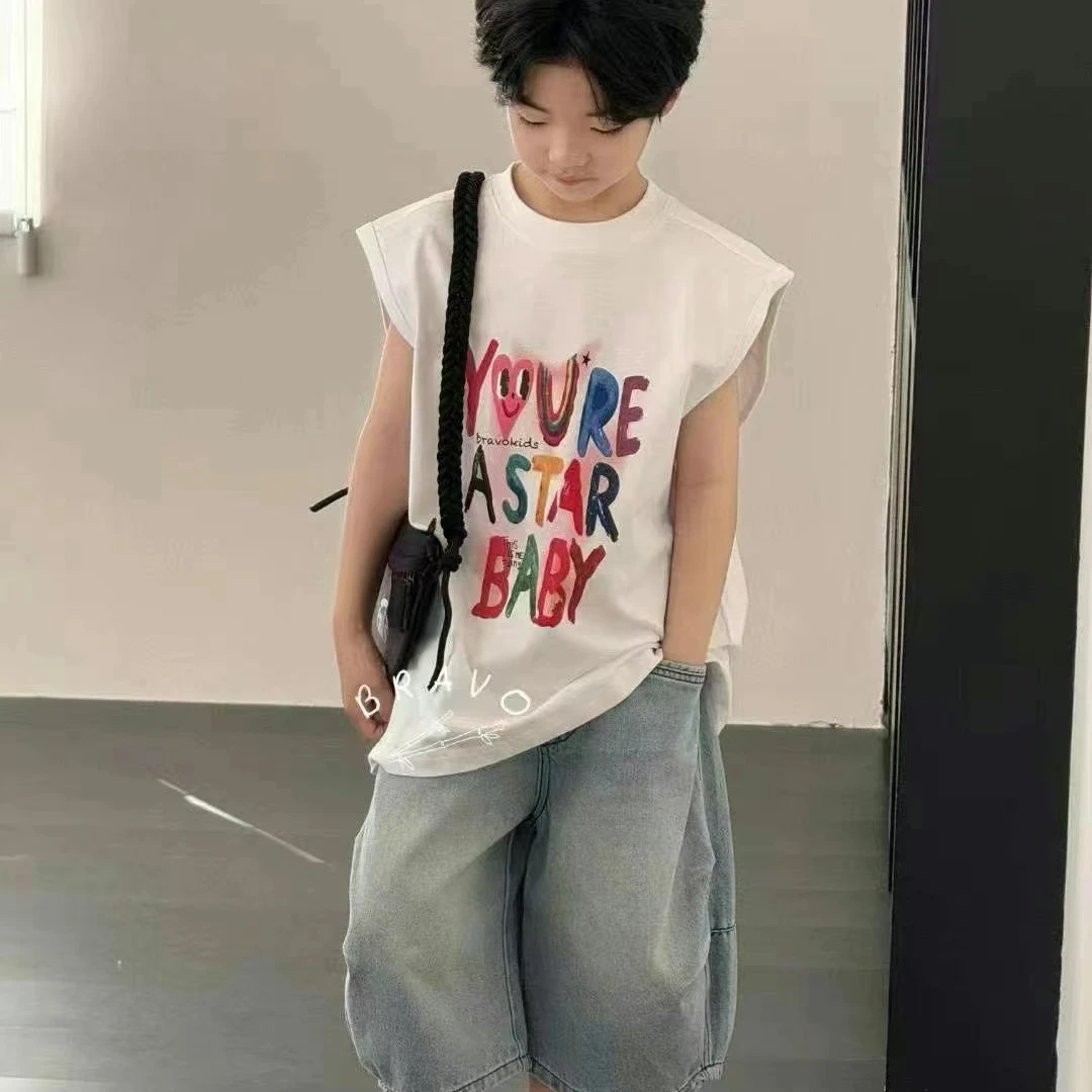 儿童男童手绘涂鸦圆领套头无袖背心中大童韩版短袖T恤T8印花
