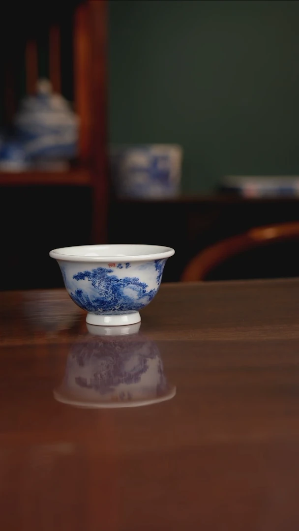 晓月柴窑 山水压手杯