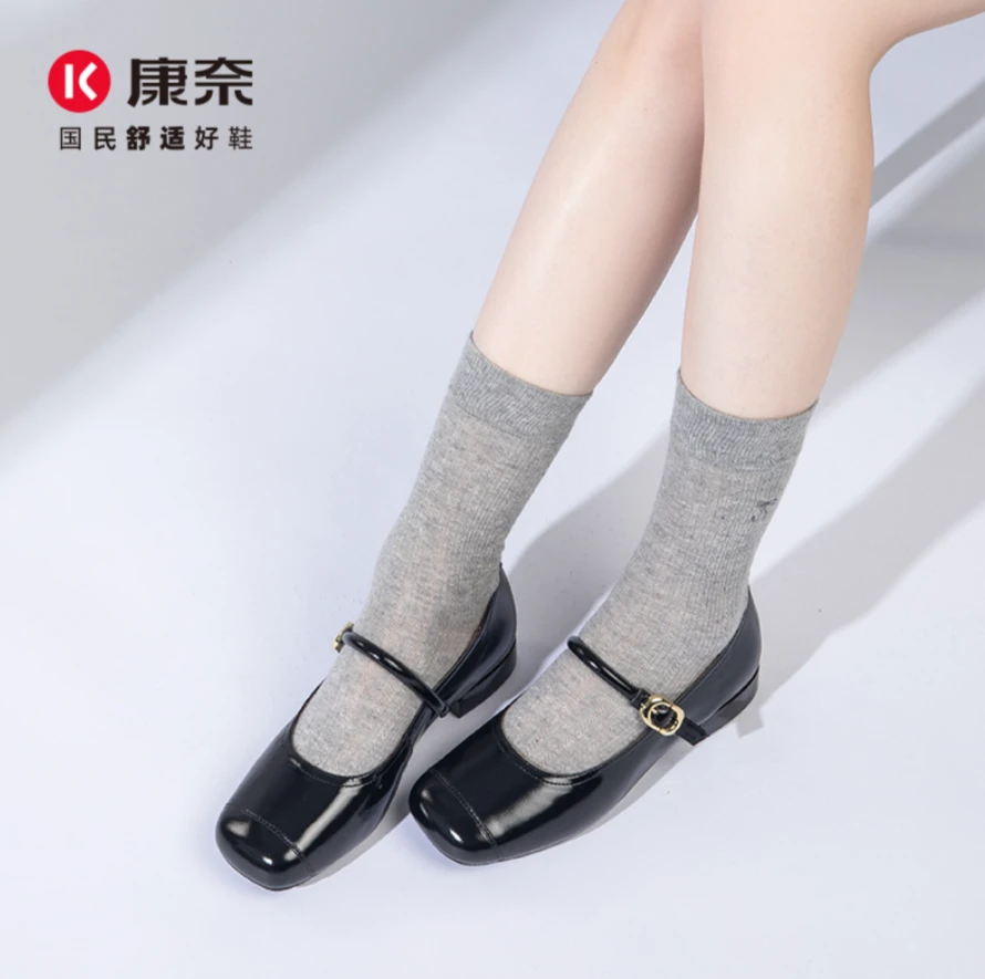 Kangnai/康奈玛丽珍鞋女2025新款春夏配裙子复古jk方头粗跟小皮鞋
