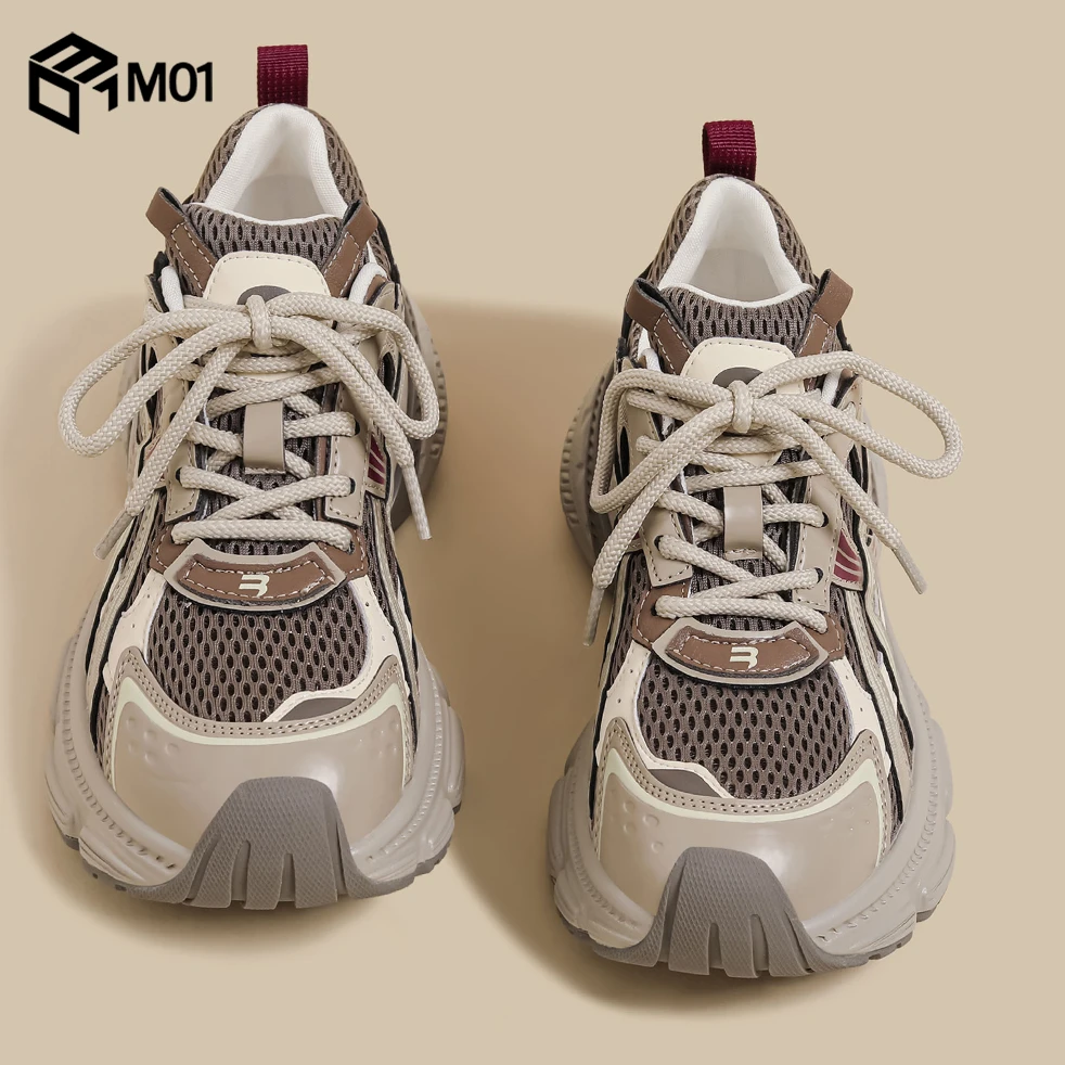 M01秋冬季新款厚底透气休闲鞋女棕色运动慢跑鞋复古巴黎风老爹鞋