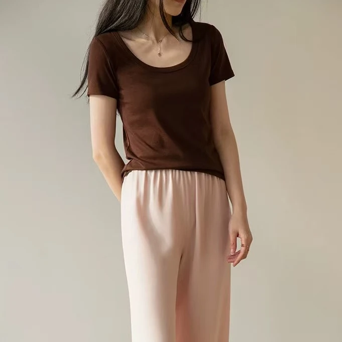 夏季螺纹U领纯色T恤短袖女打底衫百搭668035