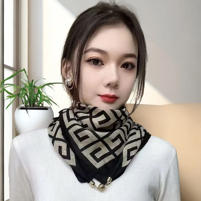 磁扣棉麻小方巾护颈丝巾女2025新款秋冬新款百搭高级领巾懒人围巾