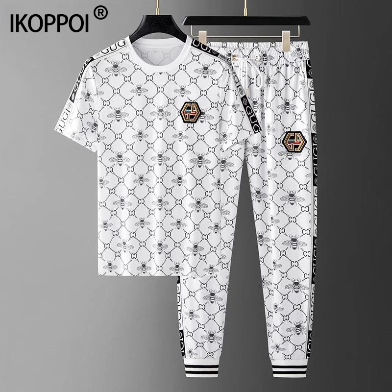 高端休闲运动套装男士夏季字母短袖t恤长裤搭配冰丝速干两件套薄