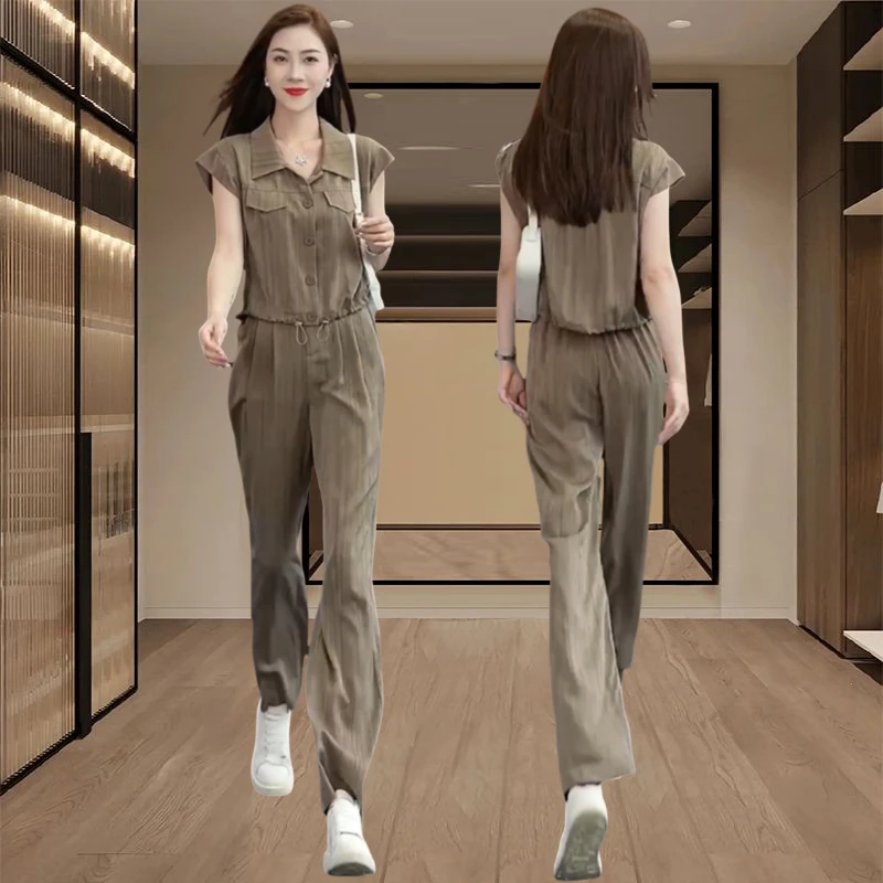 气质穿搭一整套小个子显高时尚显瘦减龄时髦杏色上衣阔腿裤套装夏