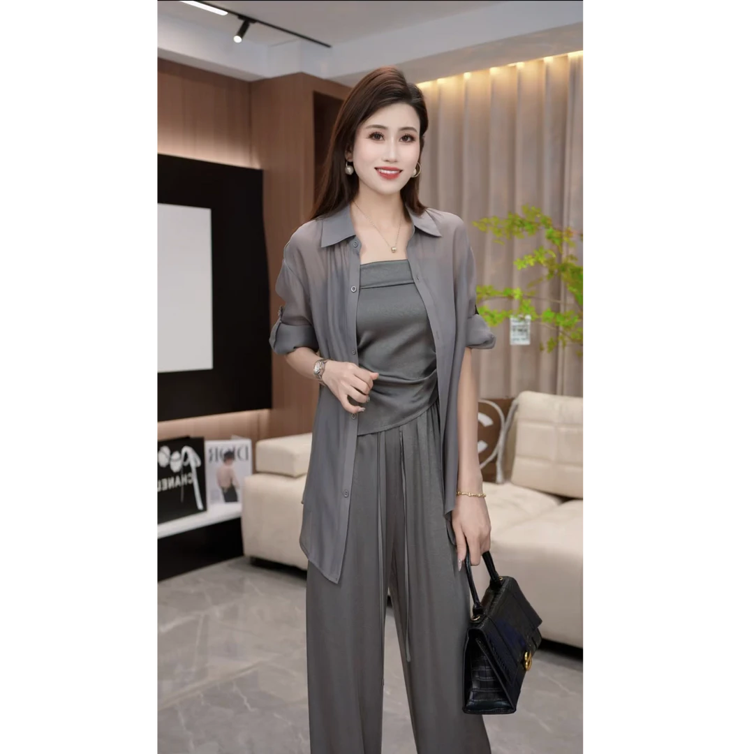 夏季新款纯色衬衫吊带阔腿裤套装女时尚三件套