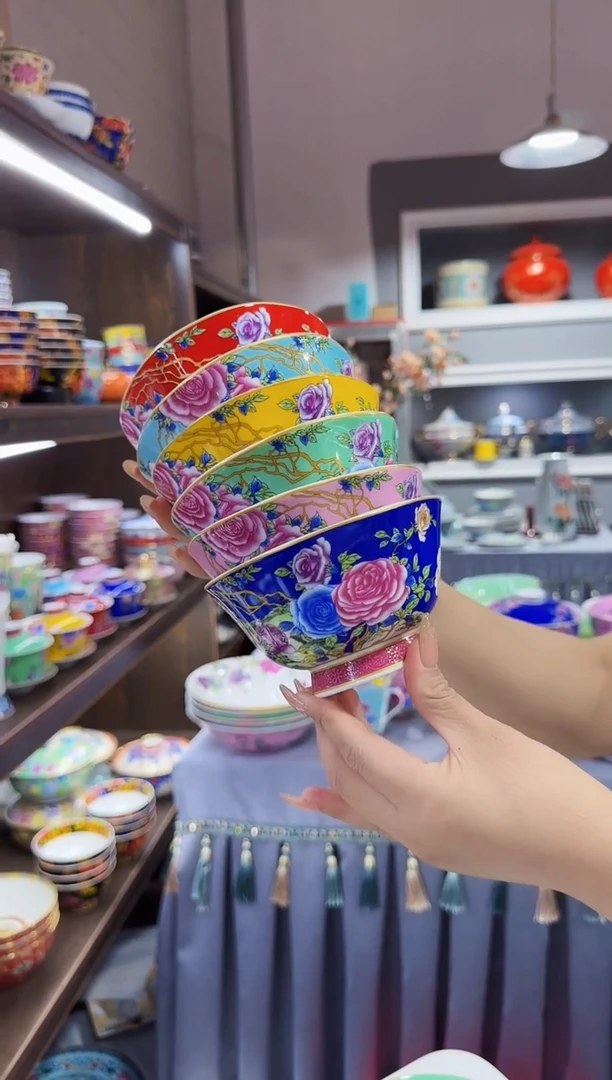 珐琅4.7英寸花口碗6个景德镇陶瓷混色