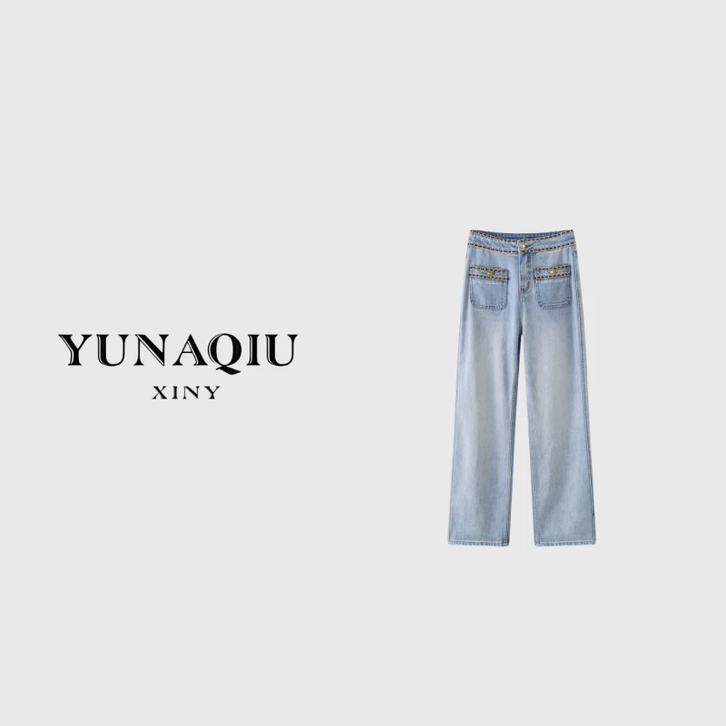 YUNAQIU-高腰直筒时尚休闲百搭设计师牛仔裤-9158