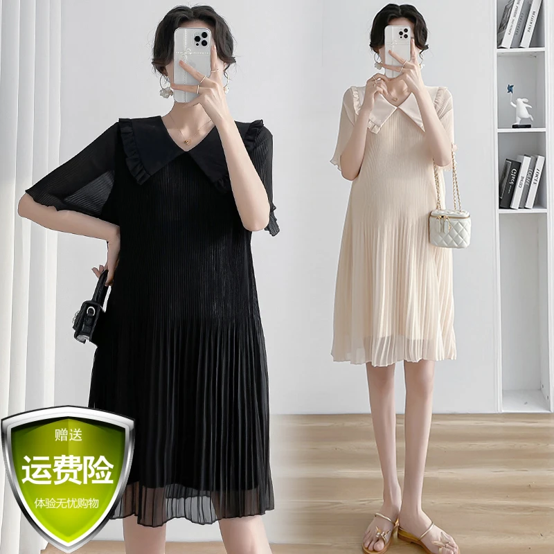 孕妇连衣裙2024夏新款娃娃领百褶小个子显瘦遮肚雪纺孕妇连衣裙子