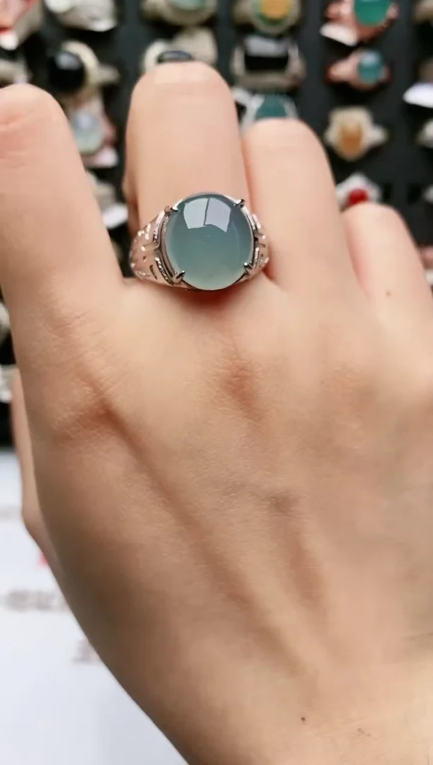 翡翠戒指银S925镶嵌天然翡翠男戒