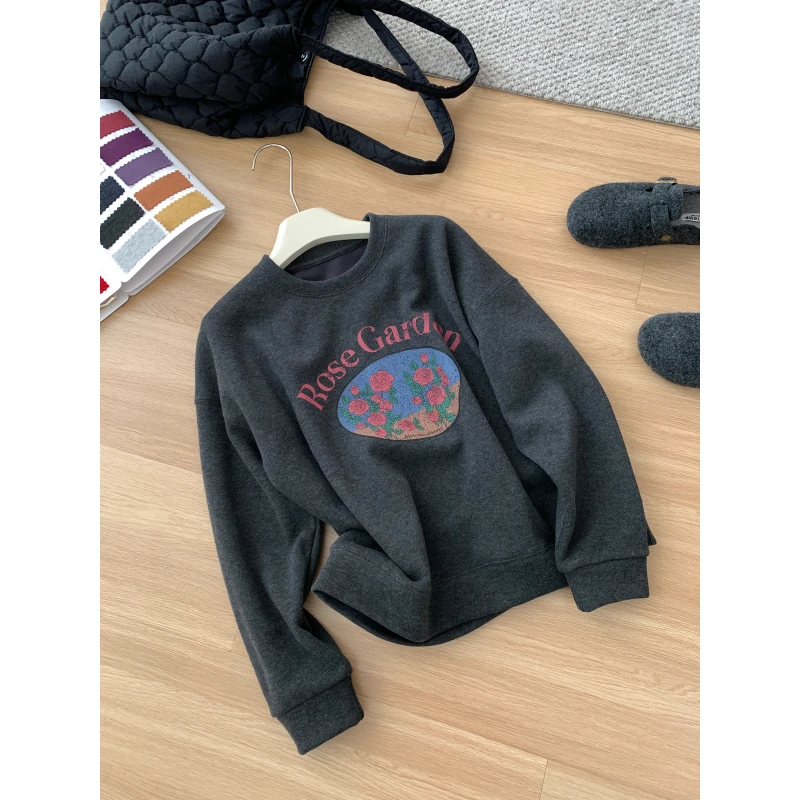 JMHH【玫瑰花园】深灰色糯米绒加绒加厚印花卫衣女秋冬宽松显瘦上衣