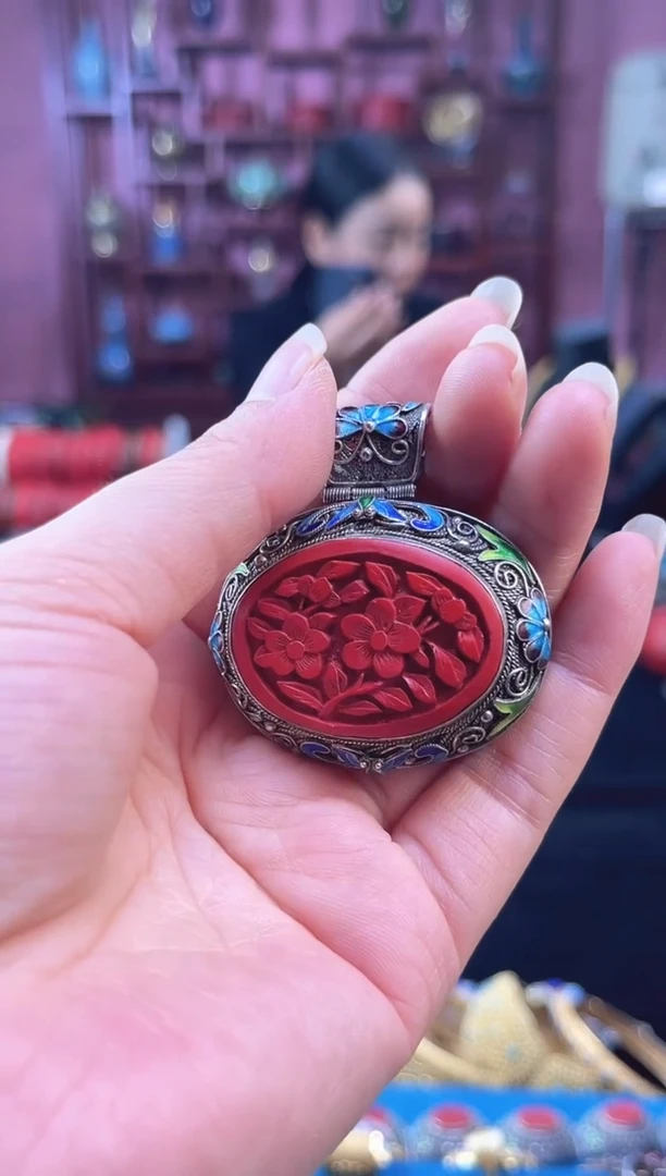 非遗 花丝镶嵌雕漆吊坠 素银 椭圆