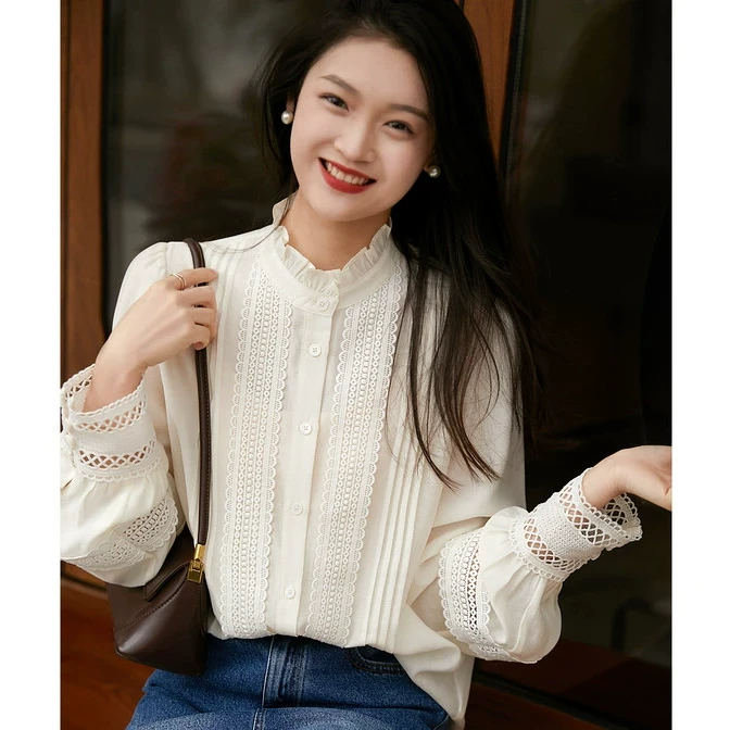 笑涵阁 宫廷木耳边领上衣轻熟法式小众醋酸衬衣CYE685512AG