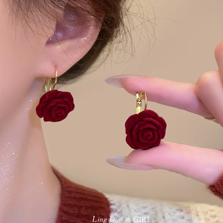 合金耳饰 新年红色玫瑰花朵耳环气质复古港风耳饰脸圆显脸瘦耳钉