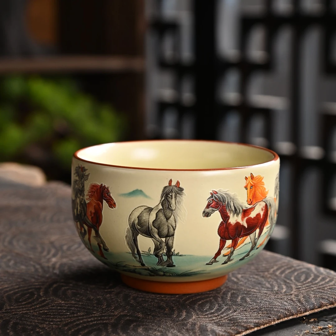 新款汝瓷八骏图个人专用陶瓷茶杯