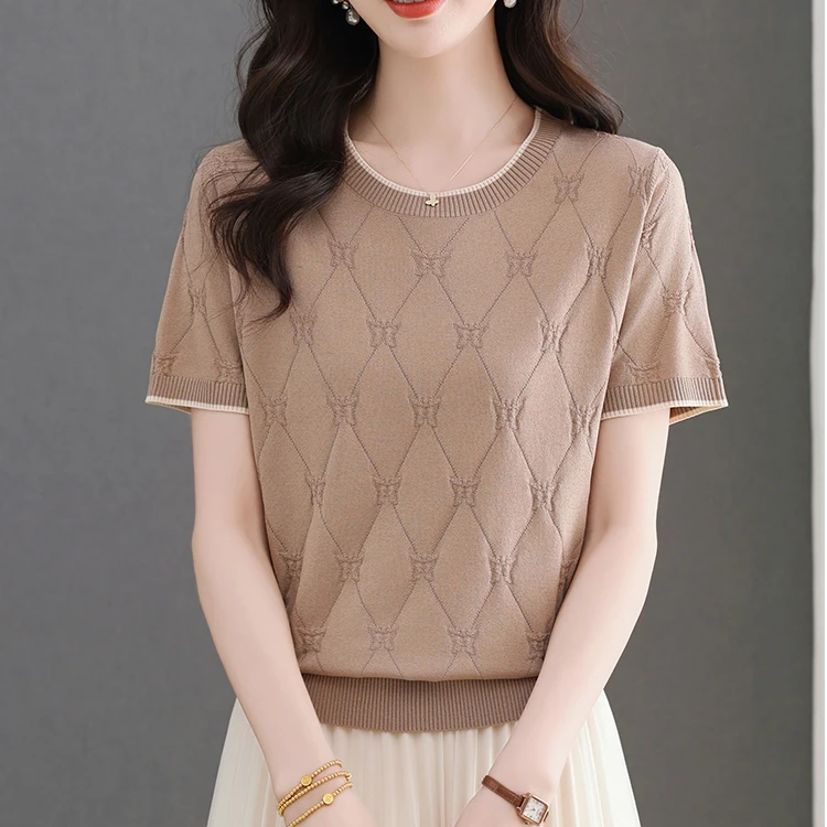 夏季100%天丝女士圆领宽松显瘦套头百搭减龄短款时尚短袖针织衫