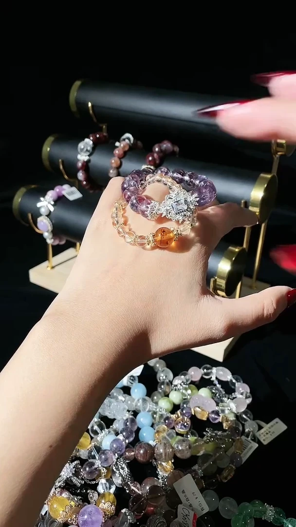 【闪购商品】水晶手链合金紫阿塞+锆石蛋面；黄水晶+花珀手链