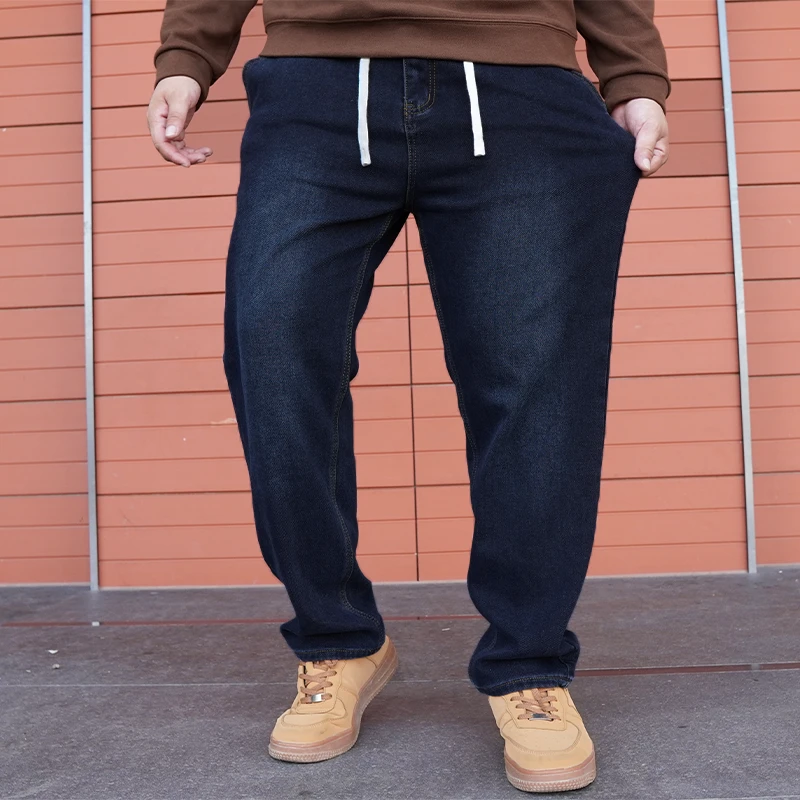 春秋款大码牛仔裤男加肥加大宽松直筒胖子弹力高腰松紧腰肥佬长裤