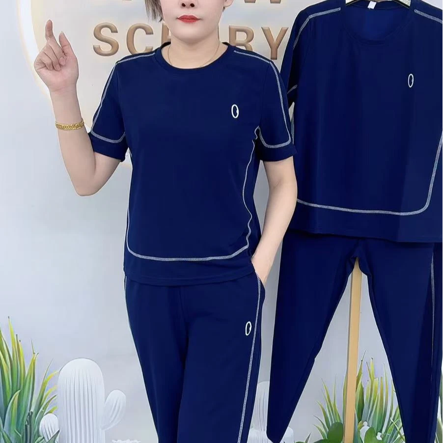 7197 圆领静色拼接半袖套装