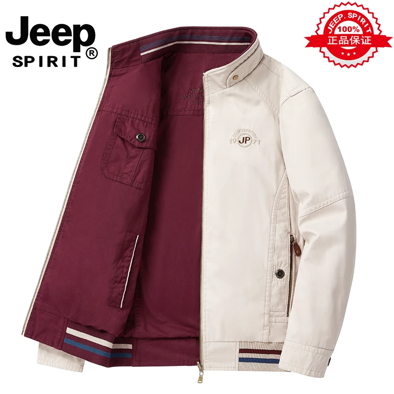 JEEPSPIRIT夹克双面穿休闲纯棉男士立领外套中年宽松大码爸爸装