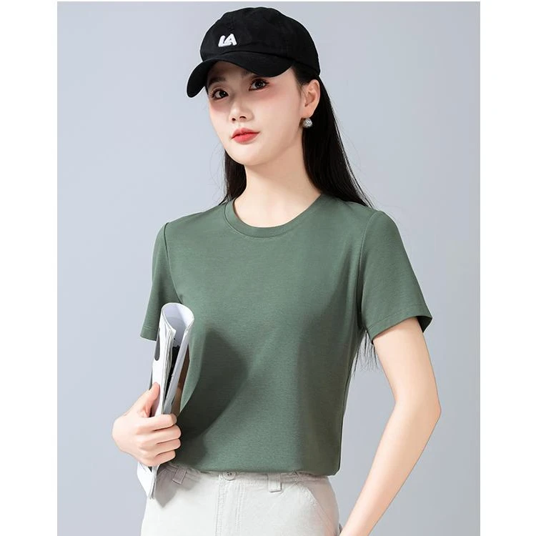 女款夏季百搭休闲T小T舒适修身丝光棉T恤圆领纯色短袖T6557