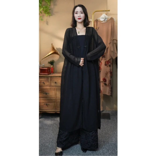 03黑色时尚简约盘扣网纱捏褶外披