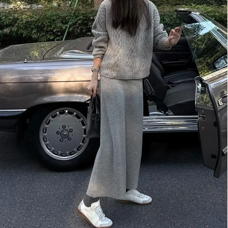 慵懒风灰色针织套装女新款韩系松弛高级感加厚毛衣阔腿裤两件套潮