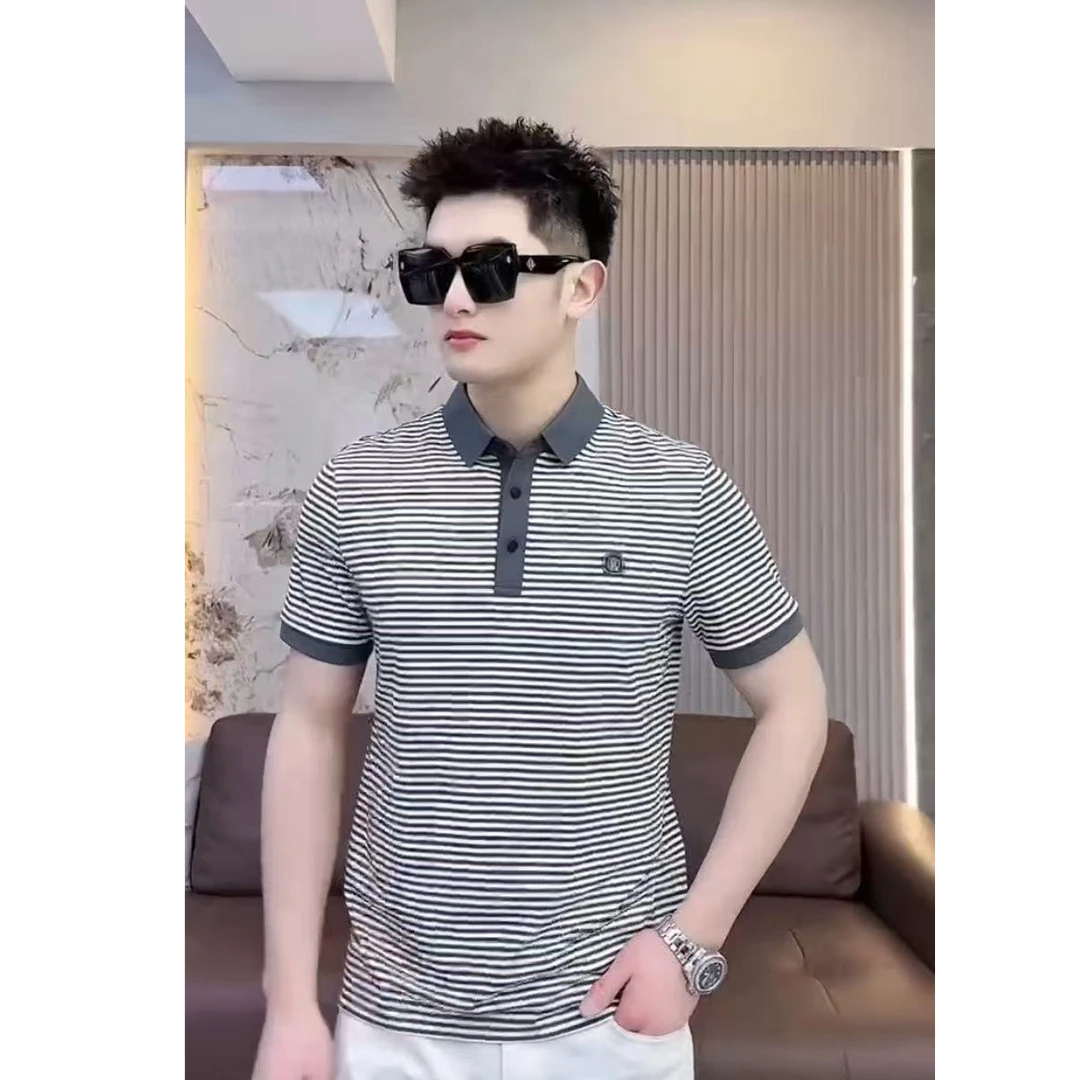 男士夏季百搭时尚POLO衫半袖修身潮流条纹韩版休闲翻领宽松6037