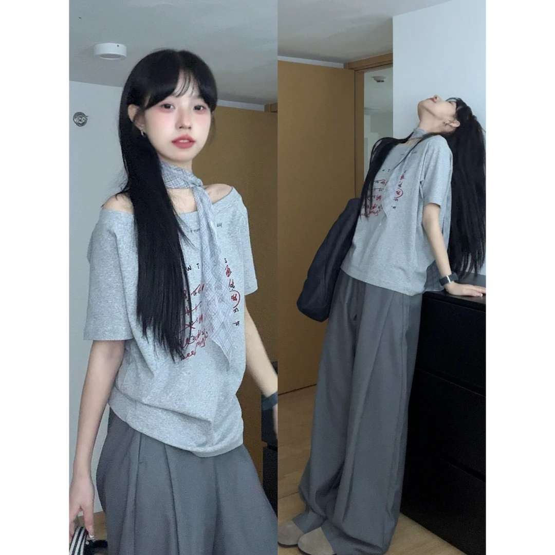 WRXS 美式复古灰色斜肩短袖t恤女夏季2025新款字母松弛感宽松上衣