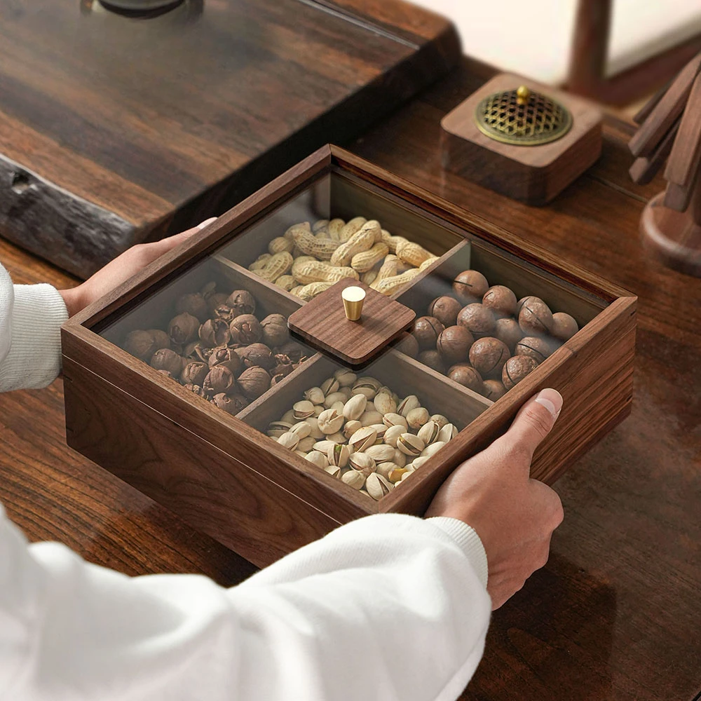 北美黑胡桃实木糖果盒轻奢设计家用零食坚果盘干果收纳盒