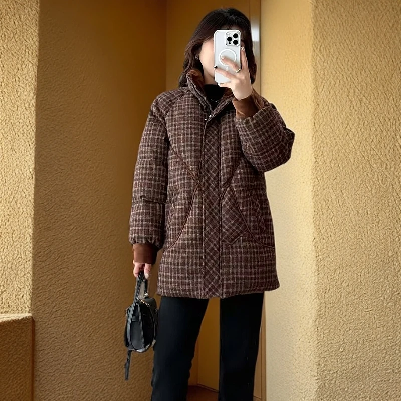 斌绒面立领格子014加厚棉服冬季休闲中长款洋气百搭宽松保暖外套