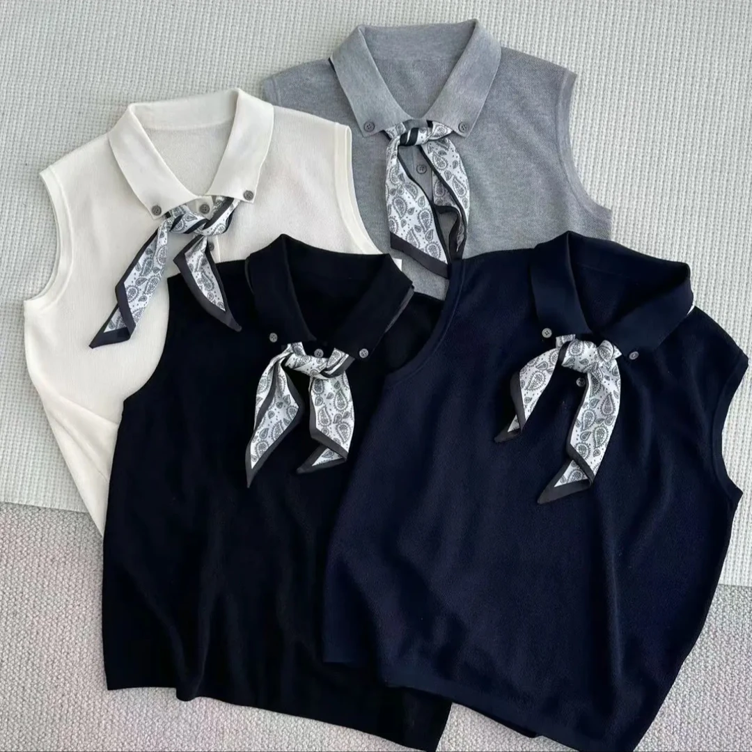 2025年新款翻领无袖针织衫配丝巾显瘦减龄韩版小背心夏季洋气小衫