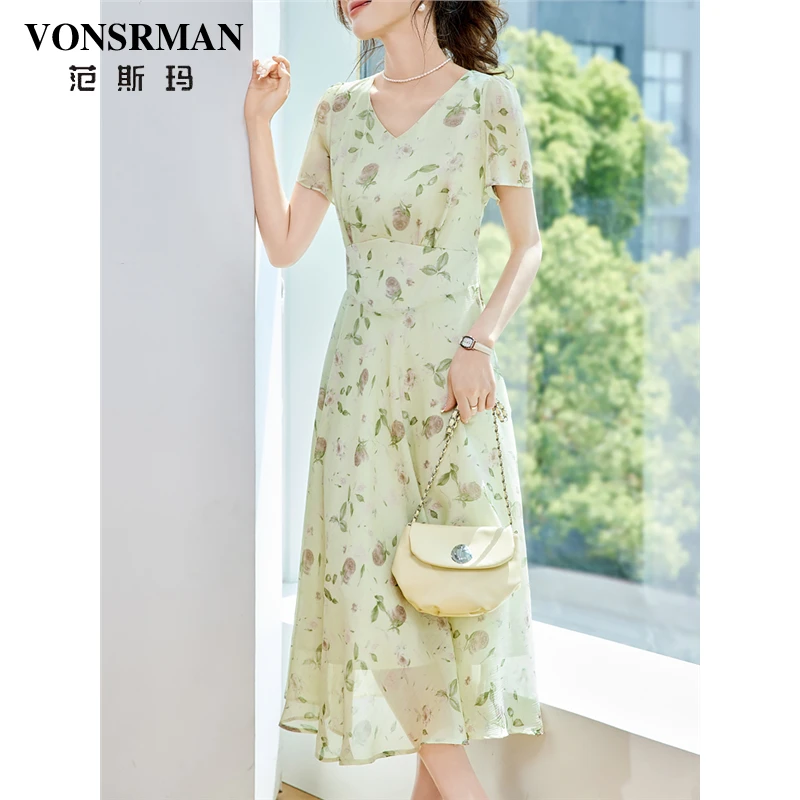 浪漫法式印花连衣裙女夏季2025新款温柔风气质V领收腰显瘦雪纺裙