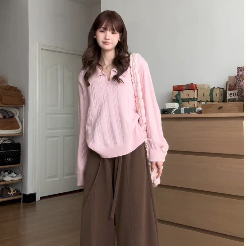 韩系简约慵懒风粉色Polo领针织毛衣女冬季高腰阔腿长裤两件套装