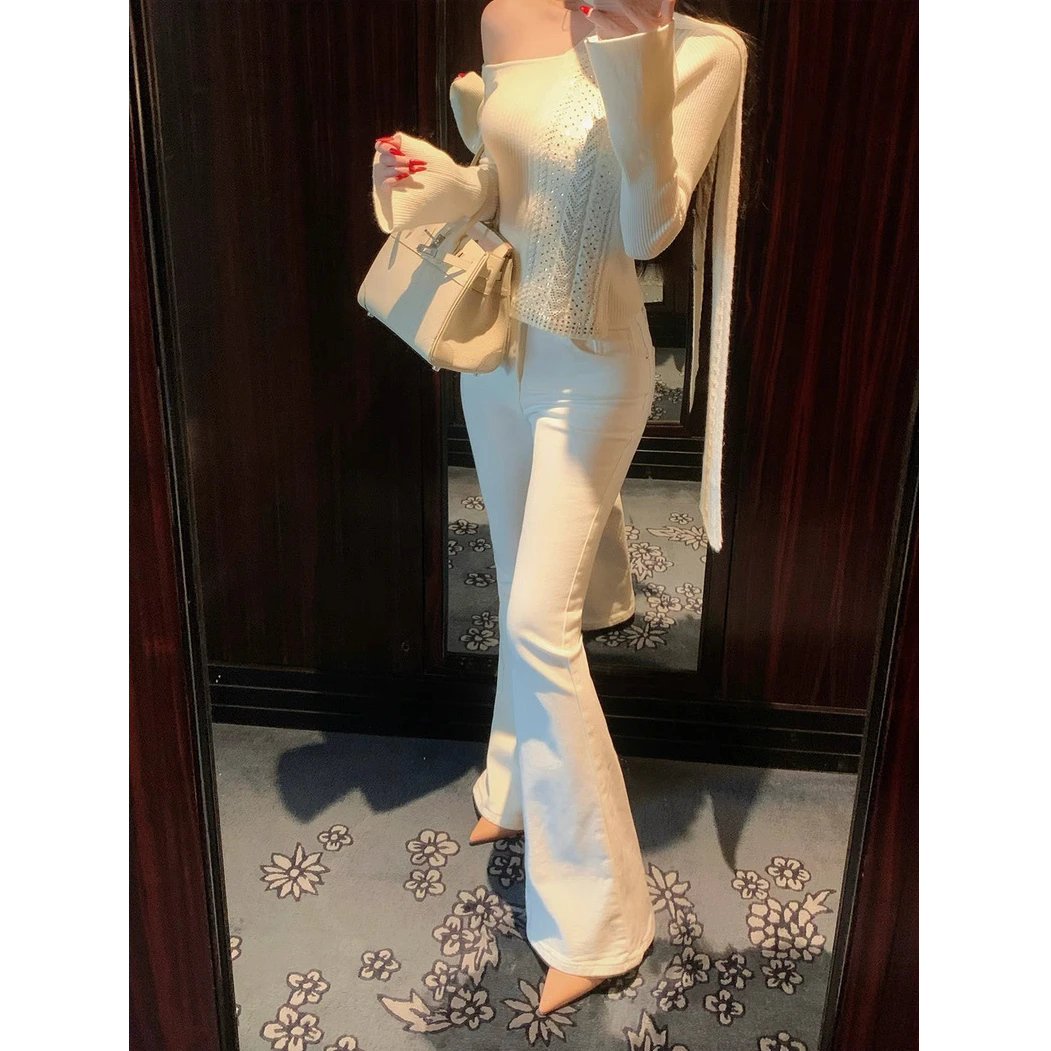 韩系气质女神2026春季新款ins飘带绞花针织衫上衣配微喇裤子套装