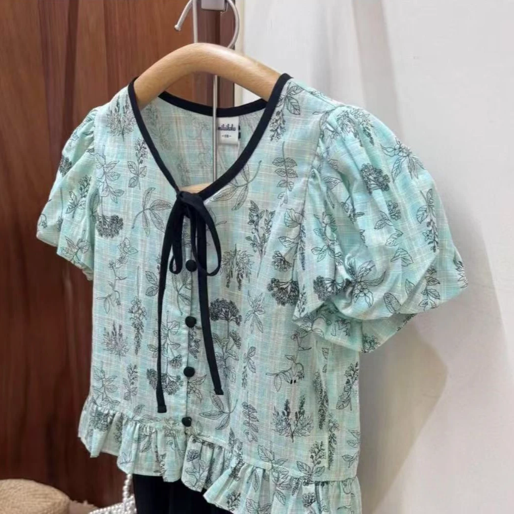 【豪宝贝】2025夏款植物印花泡泡袖系带小衫6276