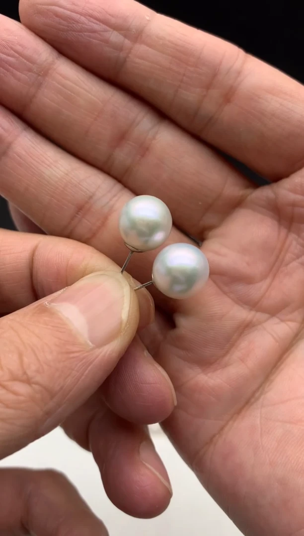 铂Pt950镶嵌ff淡水珍珠白珠耳饰10~11mm