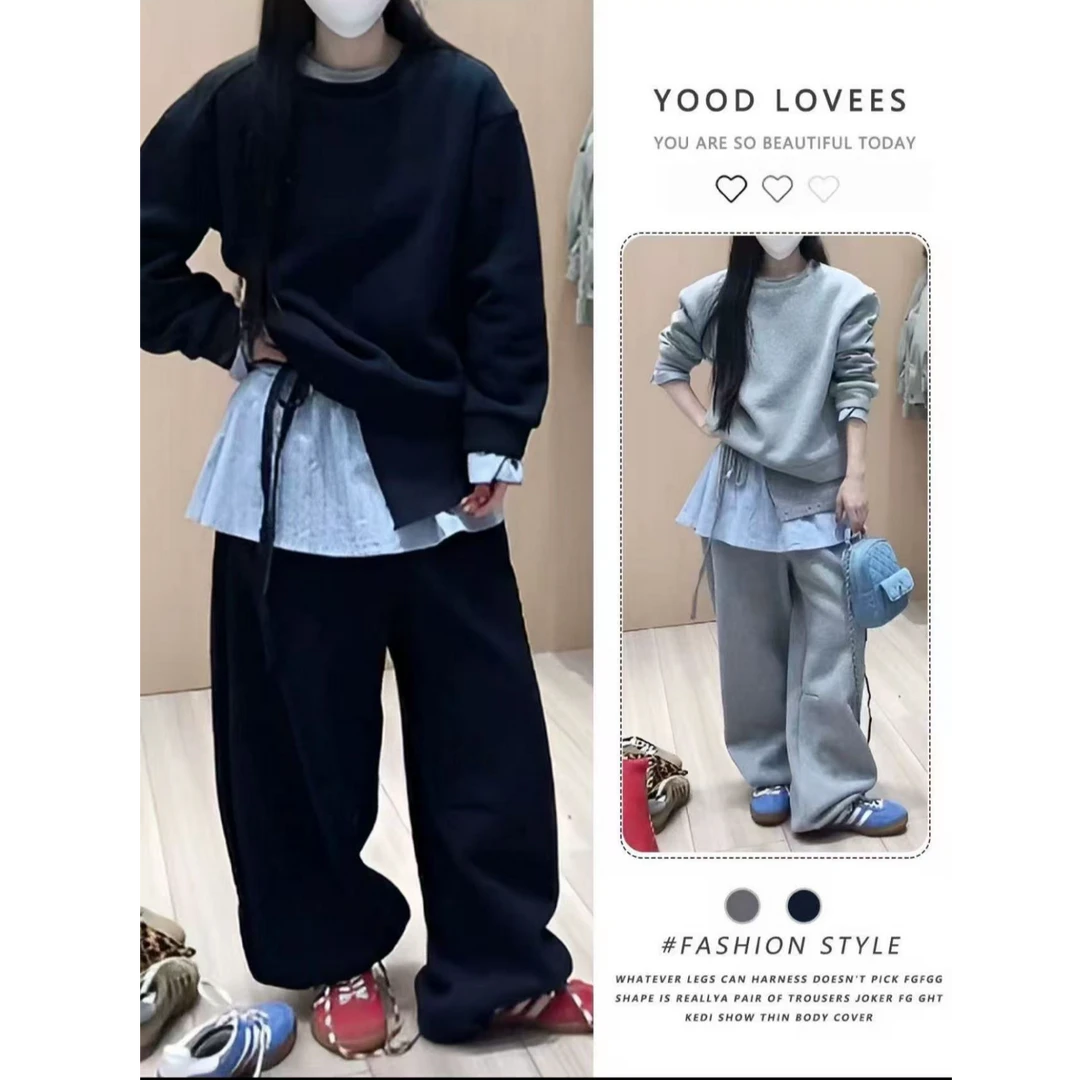 加绒拼接假两件卫衣套装设计感格子屁帘加绒卫裤三件套yxx99970