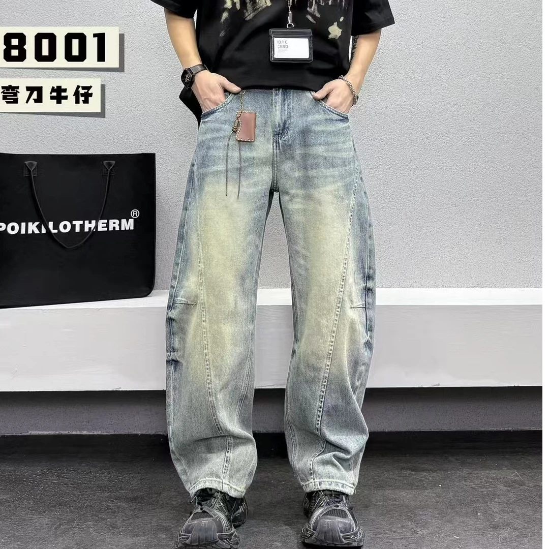 2025爆款弯刀裤男士百搭美式高街牛仔弯刀裤宽松复古潮流牛仔裤