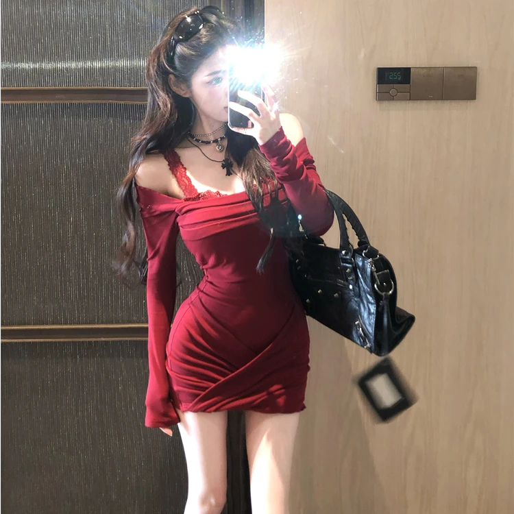 拼接蕾丝假两件长袖连衣裙子女冬季修身圣诞红色纯欲风包臀短裙子