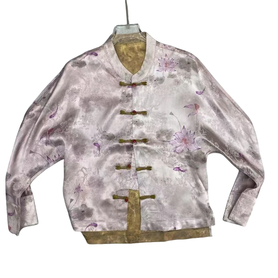 [荷花】提花常规上衣夏季斜纹中式外套双面复古网红休闲唐装重磅