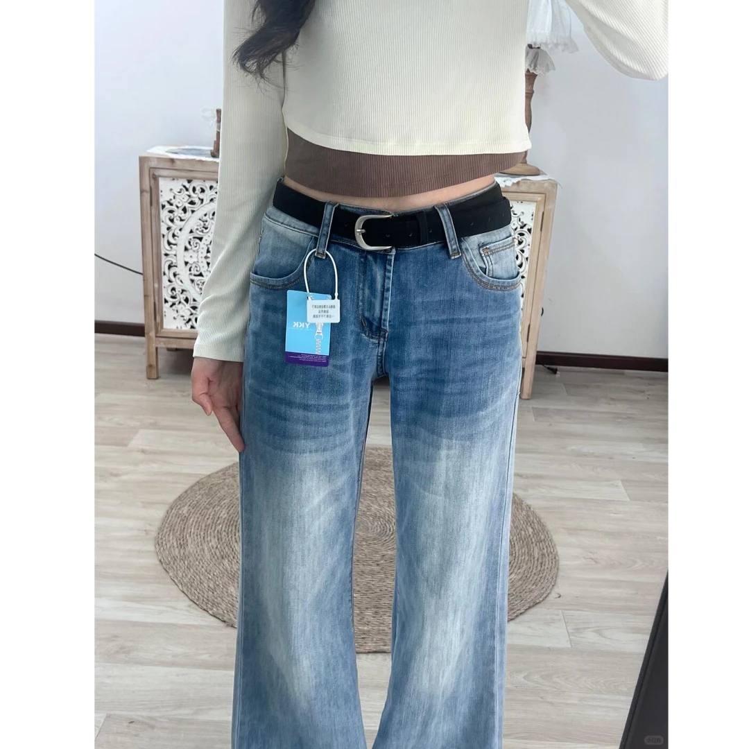 美式复古冰川蓝不贴腿微喇牛仔裤女秋冬新款宽松弹力显瘦拖地裤潮