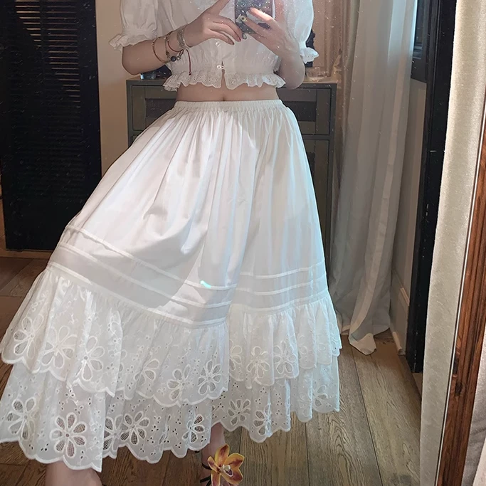 [羽儿家】周美美别样假日设计感多层次镂空刺绣花边褶皱大裙摆半裙