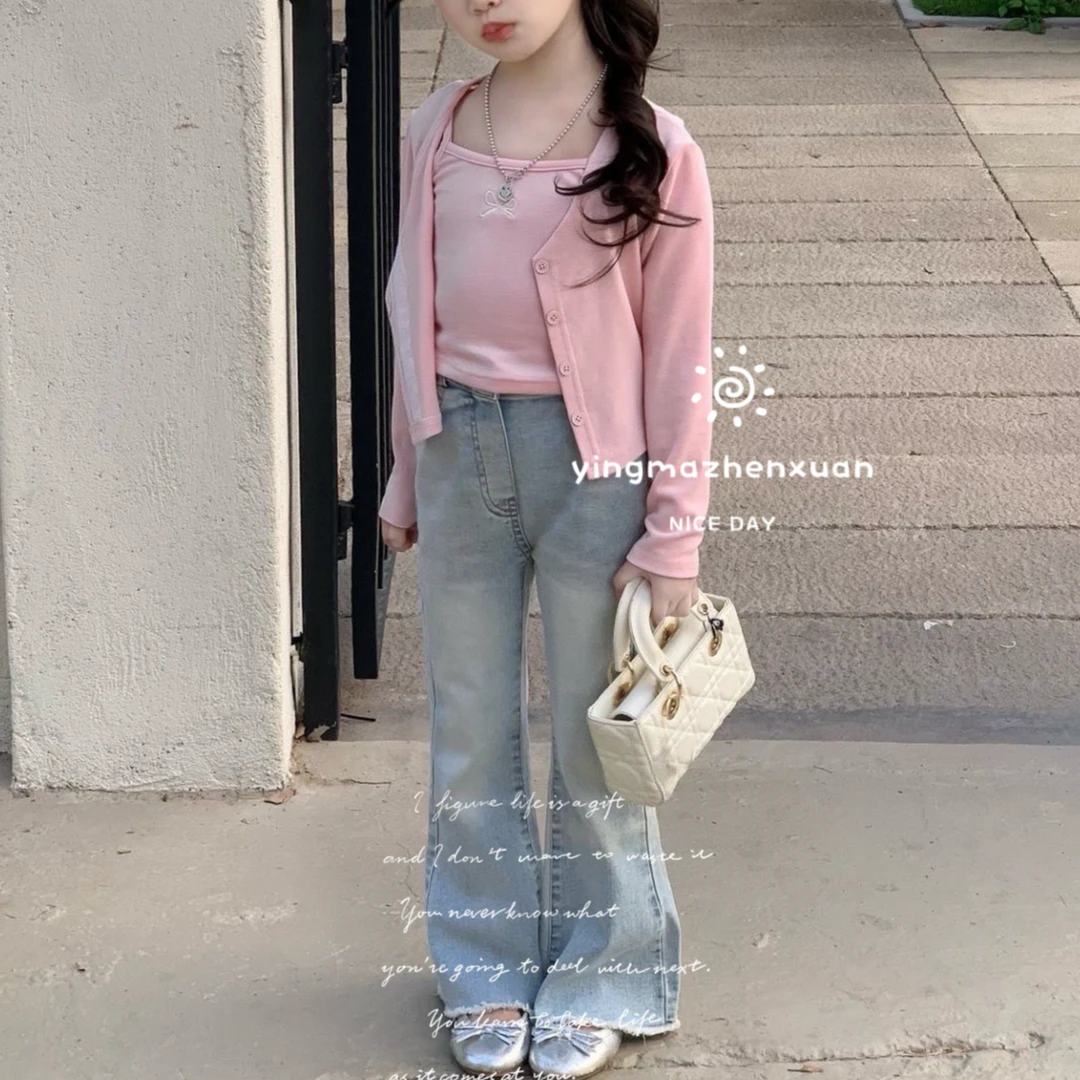 女童上衣春秋季新款韩版开衫吊带薄款背心外套甜美长袖牛仔裤套装