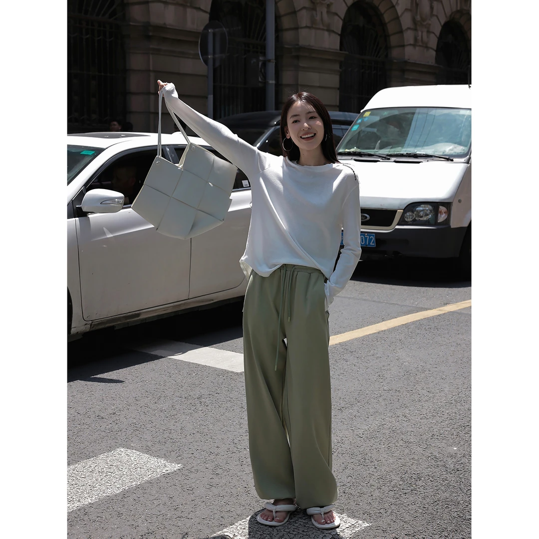 张贝贝ibell夏季阔腿休闲裤女 斜纹肌理 宽松百搭高腰薄抽绳长裤