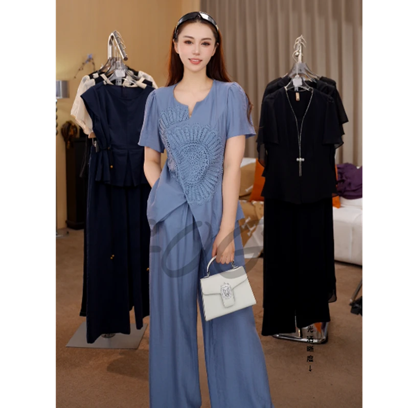 G6952轻奢气质设计感衬衫直筒裤两件套端庄新中式套装女夏新款