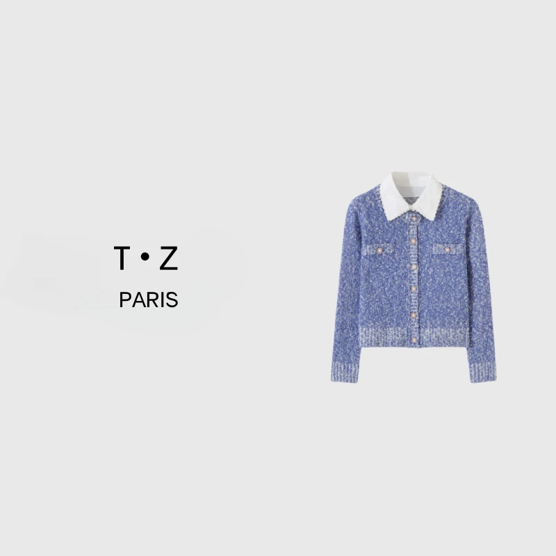 T·Z*65蓝色针织开衫女春装小香风日系感毛衣外套-8148
