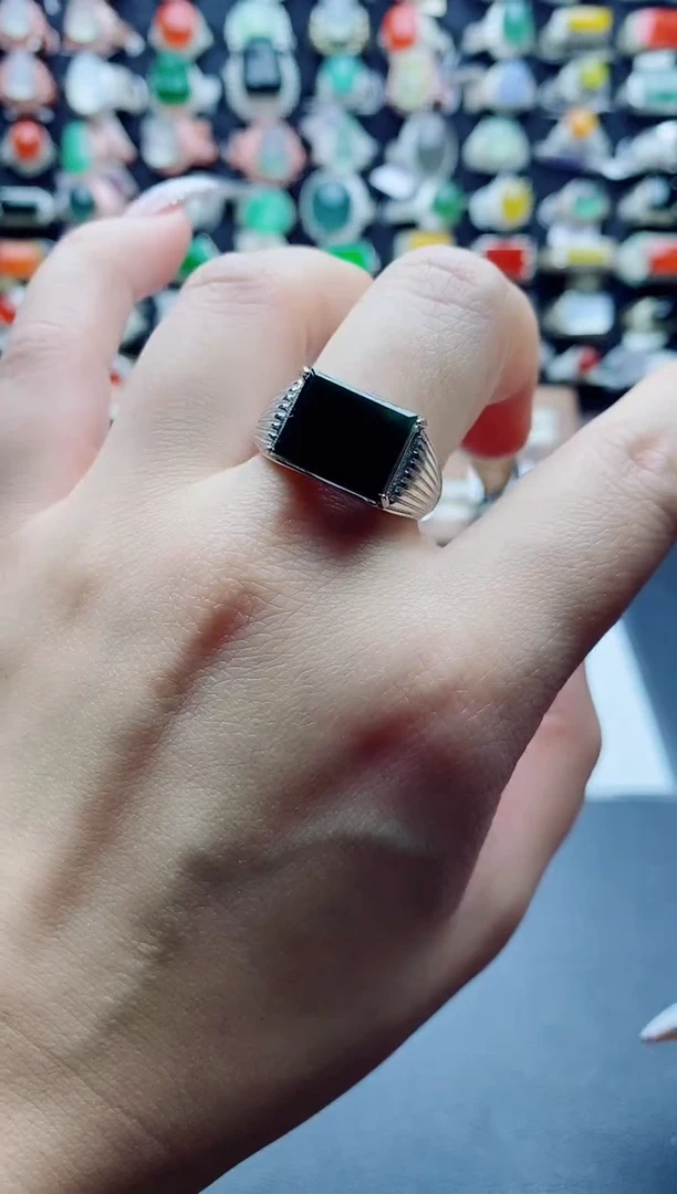 银S925镶嵌戒指翡翠天然翡翠A货男戒