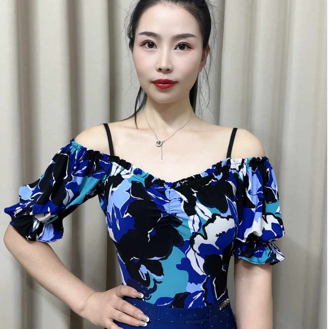 薇葶丹斯舞蹈服饰WAITING DANSI印花一字肩泡泡袖上衣WTMD044